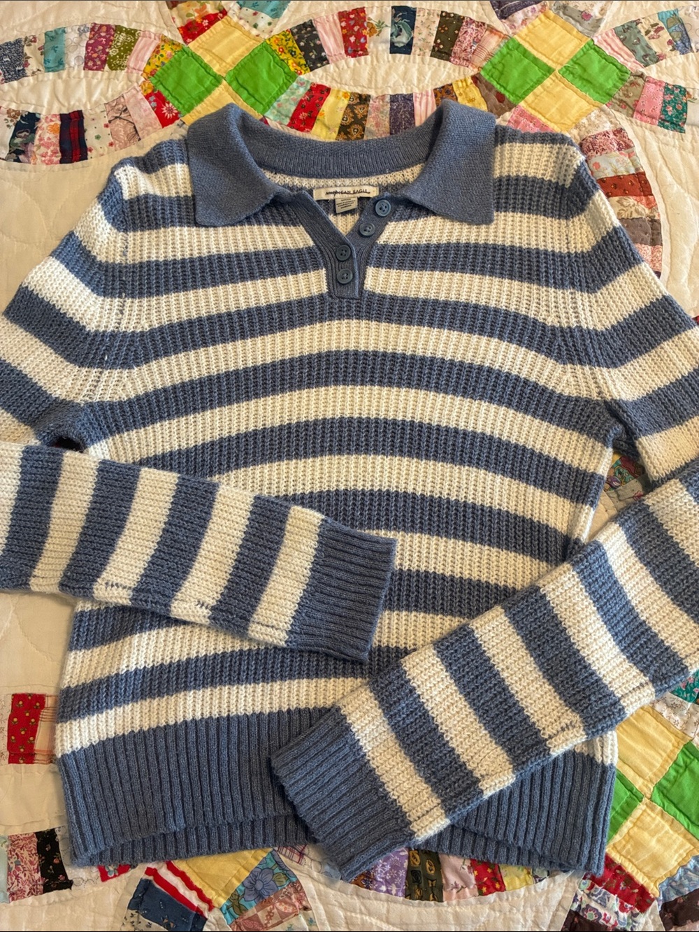 American Eagle Striped Blue & White Knit Polo Sweater fall cozy streetwear